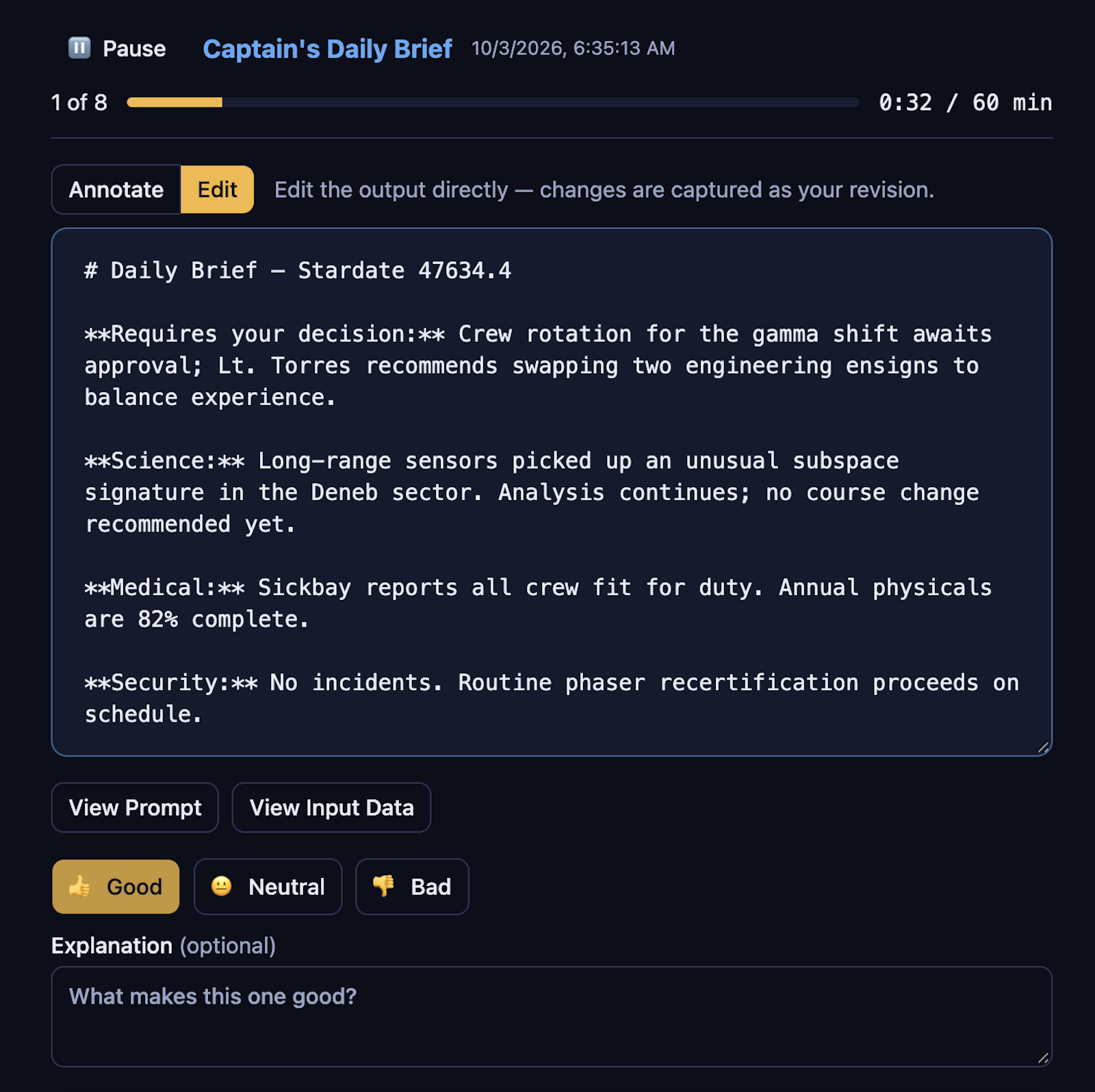 captainslog's Captain's Daily Brief review screen — an AI-generated daily brief open for direct edit, with Good / Neutral / Bad feedback buttons below