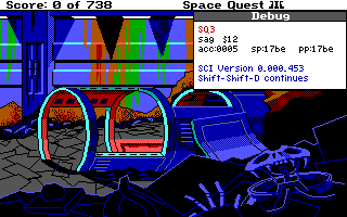 Space Quest III — wreckage beside an escape pod hatch