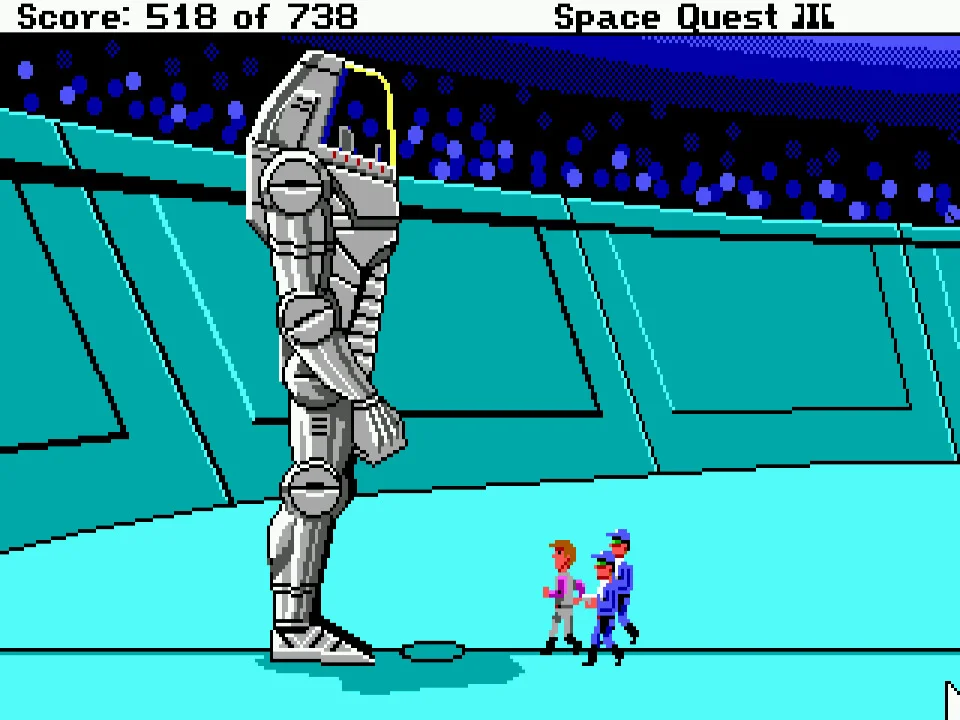 Space Quest III — a towering robot looming over two characters