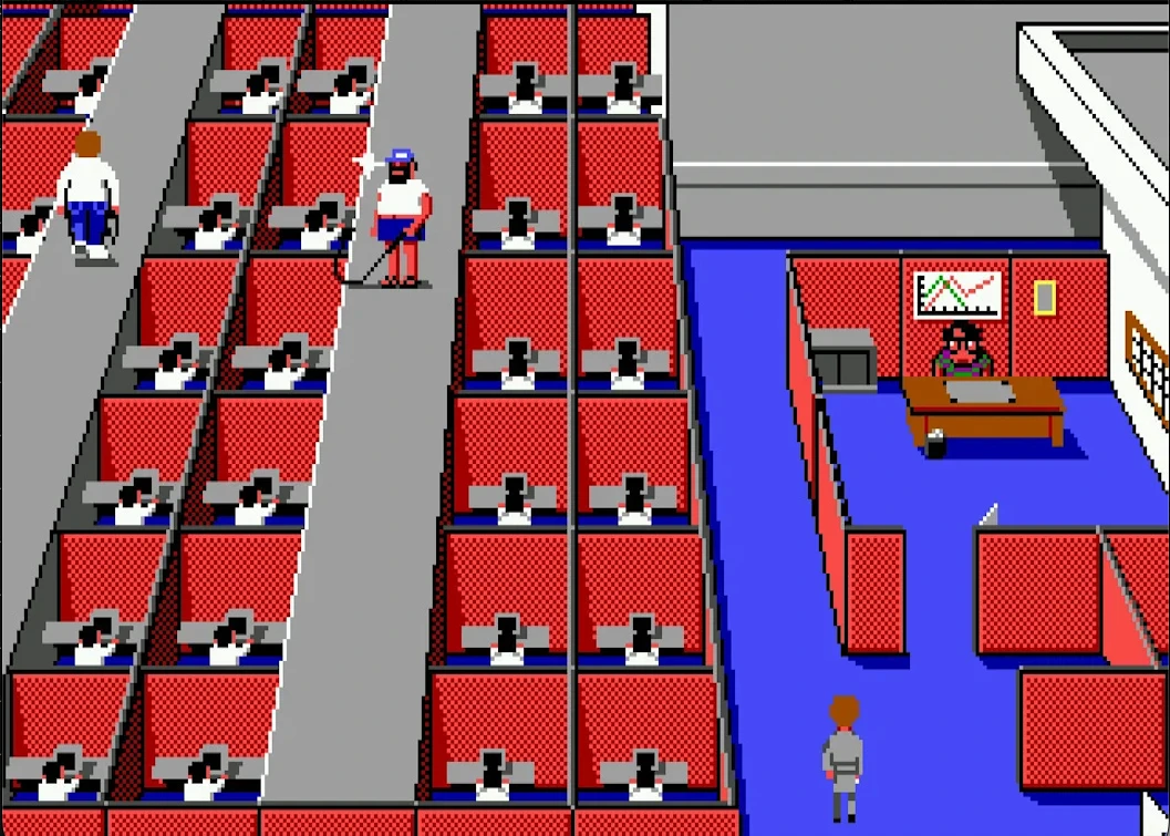 Space Quest III — a cubicle farm of identical drone workers, a janitor vacuuming the aisle, and a manager overseeing from a raised office nook