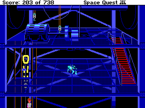 Space Quest III — climbing a catwalk past red warning stairs