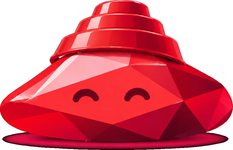 Squishling mascot — a glossy red gem with a stacked cap, smiling