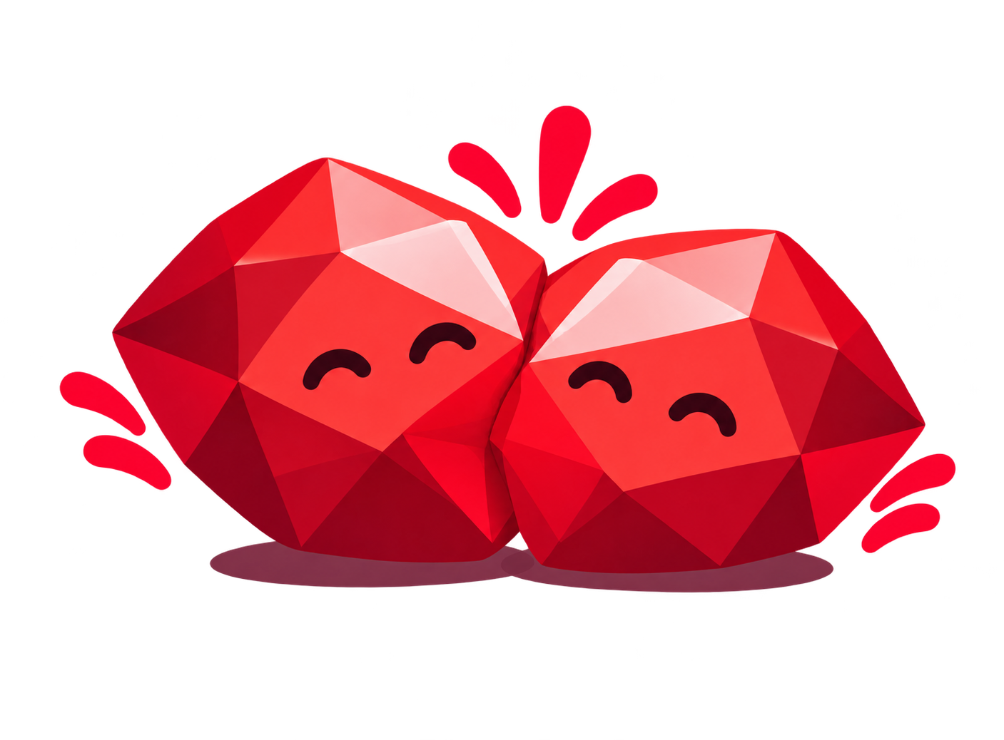 Two squishling mascots, glossy red gems, cuddling happily together