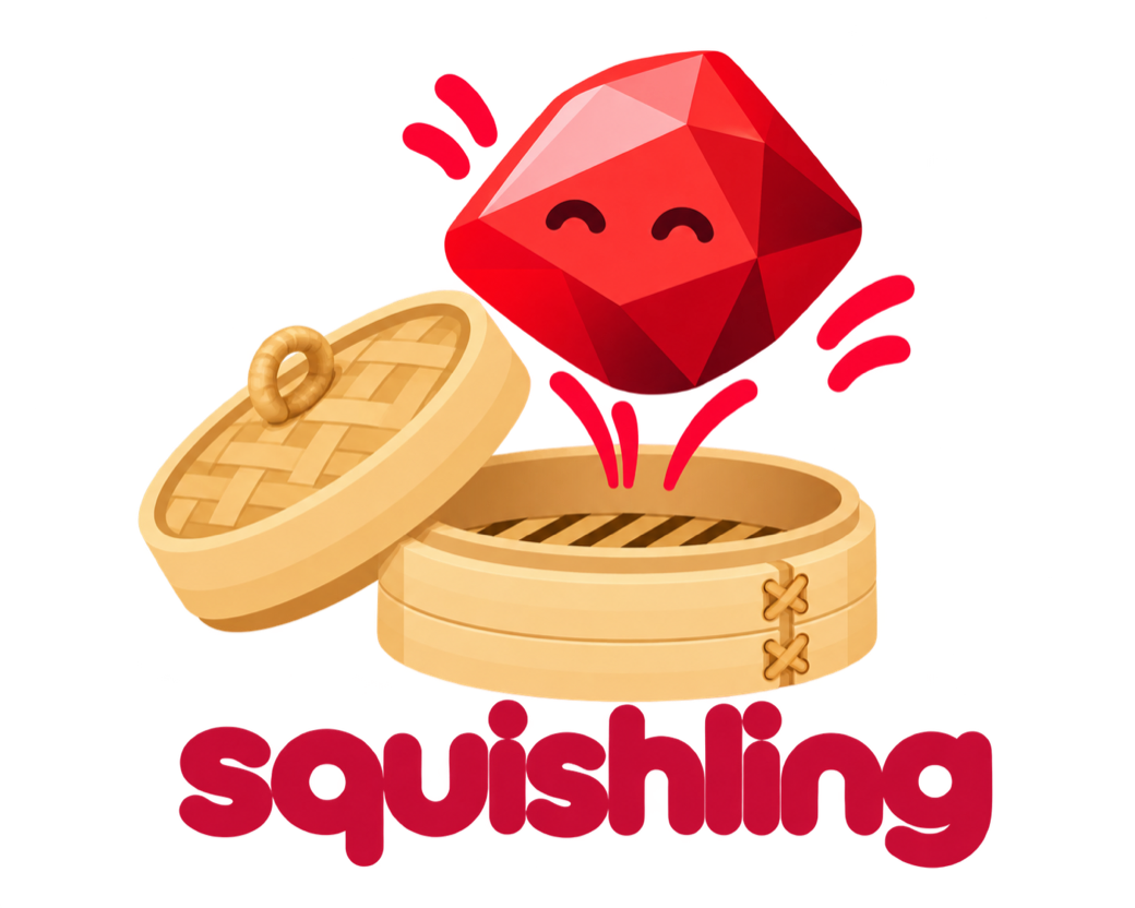 Squishling mascot — a smiling ruby gem popping out of a bamboo steamer basket