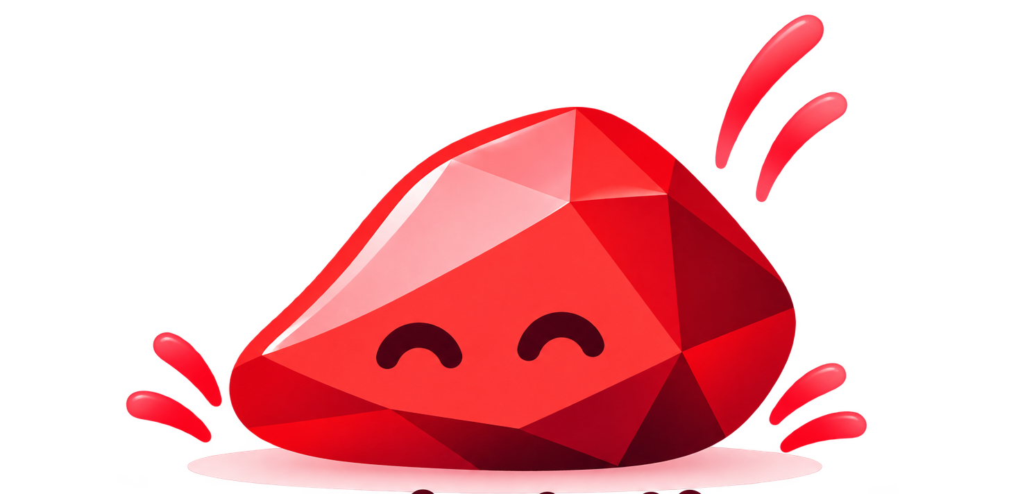 Squishling mascot — a glossy red gem with celebratory splashes on either side, smiling