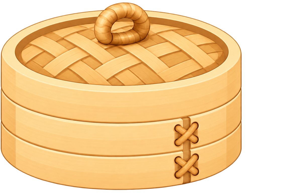 A closed bamboo steamer basket, glowing softly