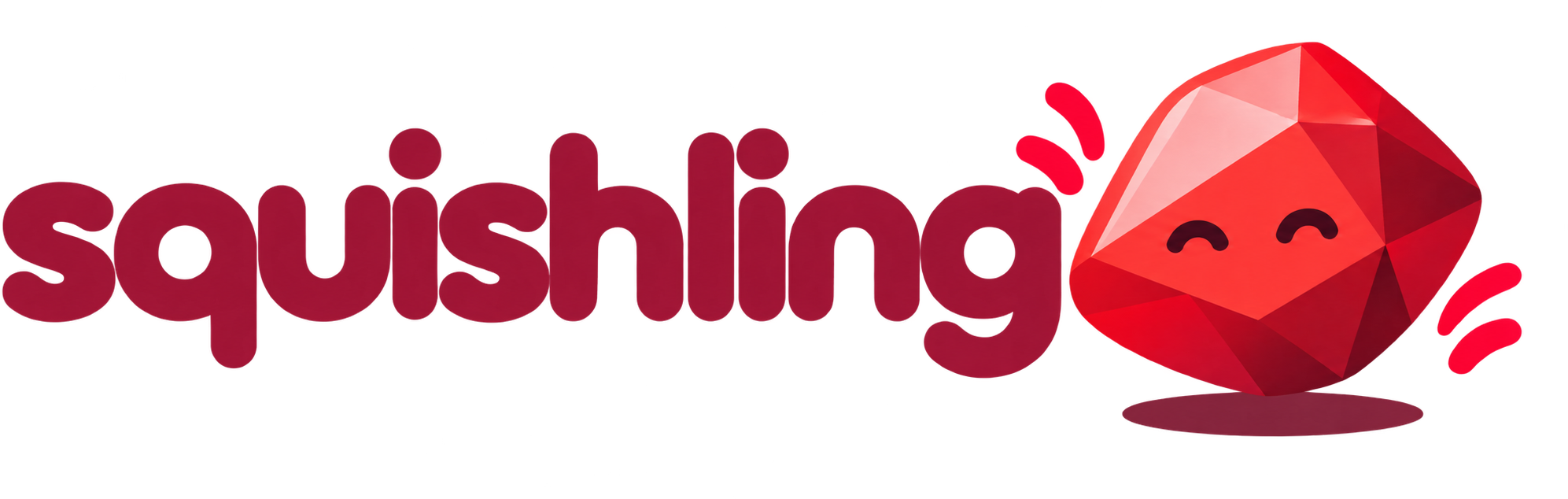 Squishling wordmark with mascot — a smiling red gem